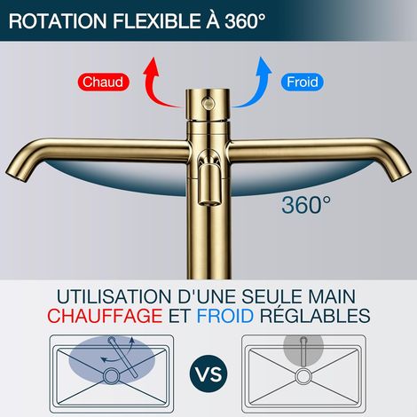 Mitigeur lavabo pivotant doré brossé – Hauteur bec 204 mm, inox – Réglage chaud/froid, design élégant salle d’eau (1/5)