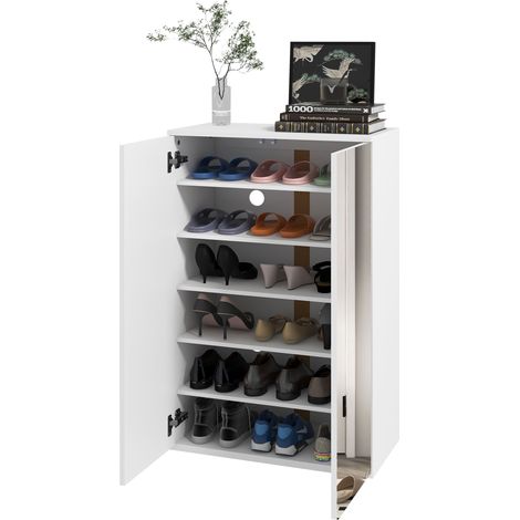 Meuble à chaussures avec miroir pour 18 paires de chaussures, 5 étagères réglables, pour entrée, 60 x 32 x 95 cm, blanc (1/5)