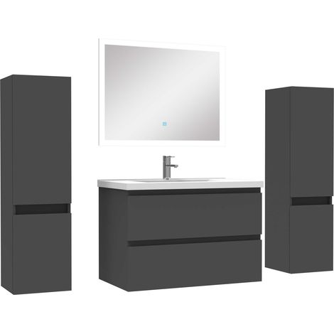 Ensemble meubles Salle de Bain 80cm vasque + colonnex2 + LED miroir Anthracite