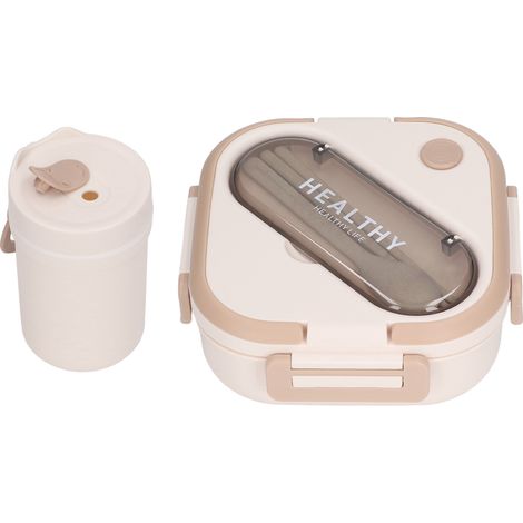 Boîte à lunch minimaliste, mignonne et portable, étanche, avec gobelet, baguettes et cuillère, idéale pour les devoirs et le travail des étudiants. Couleur abricot. (1/5)