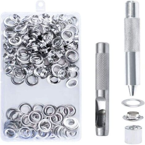 100pcs Kit de Grommets Eyelets Outils, 10mm Oeillets pour Baches, Trousse à Oeillets, Grommet Kit avec 3 Pièces Outil, Oeillets pour Bâche, Chaussures, Vêtements, Tentes (1/5)