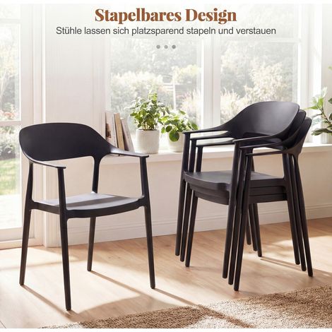 Chaise empilable noire en PP résistant aux intempéries avec dossier ergonomique et accoudoirs pour salle à manger, balcon et jardin (1/5)