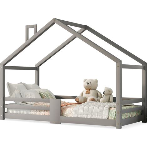 Lit cabane enfant 90 x 200 cm avec toit, protection antichute, sommier à lattes rigides, gris, sans matelas, en bois - CHICFURN (1/5)