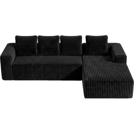 Canapé d'angle nuage en L avec méridienne, sofa modulaire moderne à assise profonde, canapé rembourré avec chaise longue à droite pour salon et chambre, sans assemblage, noir en velours côtelé doux (1/5)