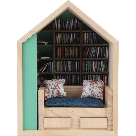 Miniatur-Bücherregal, handgefertigtes Holzhausmodell mit kleinen Kissen, lustiges Mini-Bücherregal-Ornament für