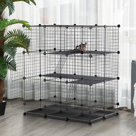 Gabbia per piccoli animali PawHut, box modulare e smontabile con 4 porte e 6 vassoi rimovibili, 111x75x119 cm, nera. (1/5)