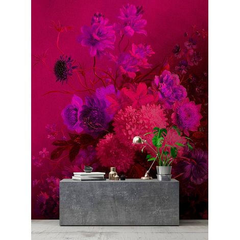 Papier peint panoramique floral rose & violet | Tapisserie panoramique motif fleur pour chambre adulte | Papier peint panoramique original pour bureau - 270 x 300 cm (3 pièces) (1/5)