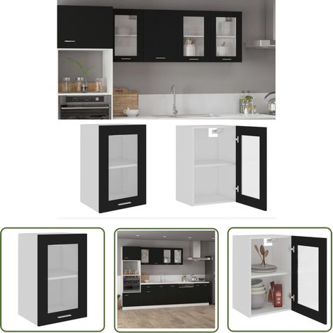 The Living Store Armoire en verre suspendue Noir 40x31x60 cm Bois d'ingénierie - Armoire Suspendu - Meuble De Cuisine - Rangement Cuisine - Armoire Vitrée - Armoire Noire (1/5)