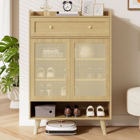 Mobile scarpiera/contenitore in rattan con 2 ante, 4 ripiani, 1 cassetto e un ripiano a giorno sulla parte superiore. Adatto per corridoio, ingresso o soggiorno. 80 × 105 × 35 cm (1/5)