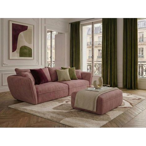BOBOCHIC - Canapé droit fixe 3 places LUIGI tissu lisse avec pouf Rose (1/5)