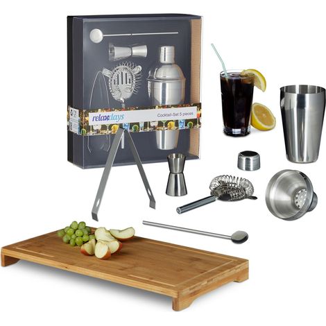 6 teiliges Bar-Set, großes Cocktail Set aus Edelstahl, mit Shaker, Barmaß, Löffel, Barsieb und Zange, Schneidebrett aus Bambus (1/5)