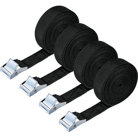 Sangle d'Arrimage, 3M 4PCS Kit de Fixation avec Sangle de Serrage Boucle de Serrage, pour Moto, Voiture, Porte Vélo, Puissance de Traction: 250 kg/Pièce (Black) (1/5)