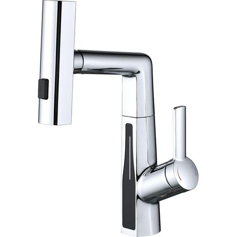 Robinet Lavabo Cascade, 3 Modes Moderne Mitigeur Lavabo avec Affichage Numérique LED, Tirable, Rotatif, Réglable en Hauteur, 59A Laiton Mitigeur de Salle de Bain, pour Salles de Bains, Hôtels (1/5)