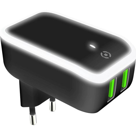 CellyUSB Chargeur réseau à 2 ports USB avec lumière LED, charge rapide 2,4 A double universel, noir