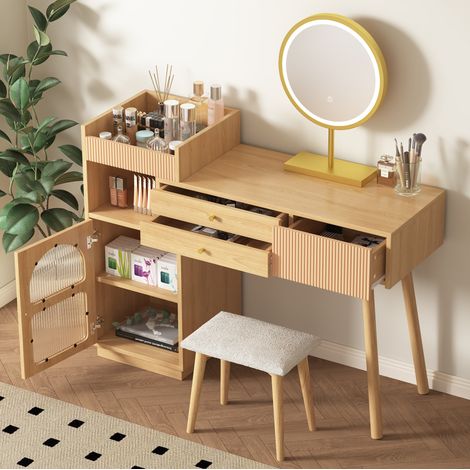 Toeletta 120/40/90 cm color naturale con specchio LED regolabile e mobile laterale con cassetti (1/5)