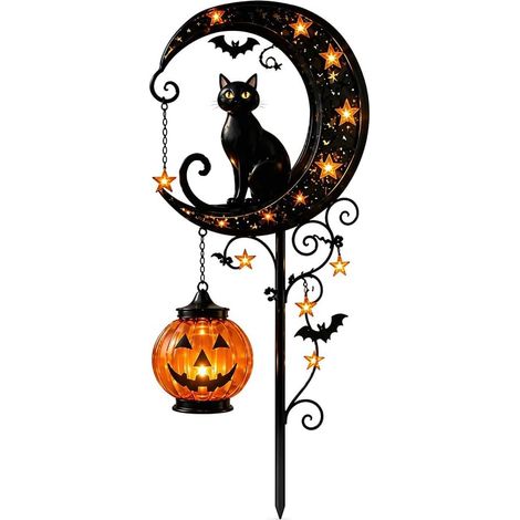 Lot de 1 lampes solaires Halloween – Chat noir, citrouille et lune – LED étanche – Piquets pour jardin – Idéales pour patio, allée et porche – Décoration extérieure festive-Style B (1/5)
