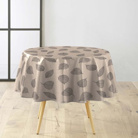 Nappe Toile Cirée Ronde "Feuillys" 160cm Beige Lin