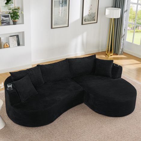 Divano componibile 3 posti con chaise longue destra, tessuto corduroy nero, 264x168x76 cm (1/5)