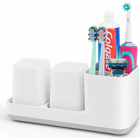 Porte-Brosse à Dents, Support Brosse à Dents pour la Brosse à Dents et la pâte Dentifrice, Gobelets à Dents, 2 Tasses à Dents de Salle de Bain, Plastique, Blanc (1/5)