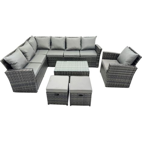 Fimous 9 places Dos haut Ensemble de meubles de jardin en rotin  Canapé d'angle avec Table basse rectangulaire Tabouret avec Fauteuil (1/5)