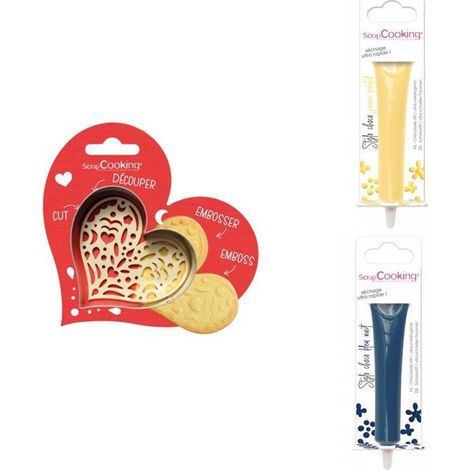Kit pour biscuit en relief Coeur + 2 Stylos au chocolat jaune pastel et bleu nuit (1/3)