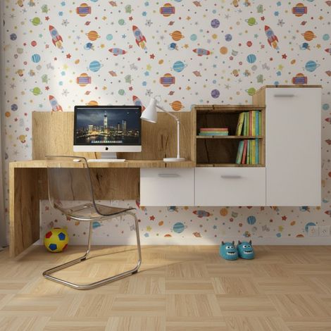 Angolo studio con scrivania parzialmente sospesa e libreria - Design moderno e personalizzabile - Quercia e Bianco