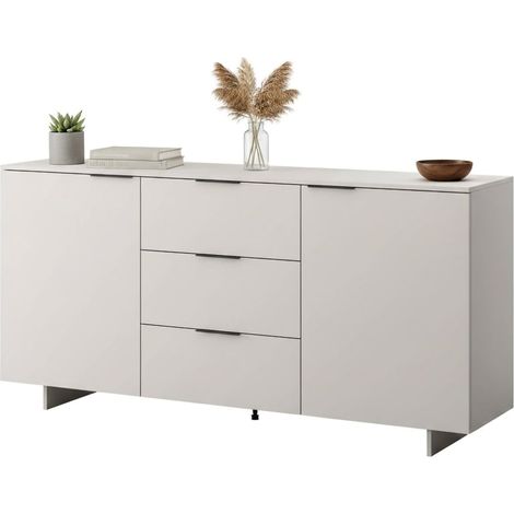 Credenza Neive, Madia da salotto con due ante battenti e tre cassetti, Rialzato da terra, 180x42 h90 cm, Beige