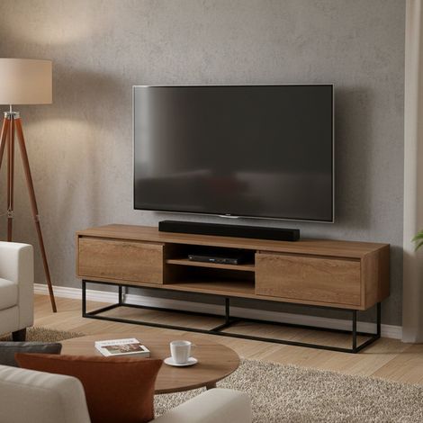 Dmora - Fernsehschrank Selena, Ständer für Wohnzimmerfernseher, Niedriges Wohnzimmer-Sideboard, TV-Ständerbasis, 180x40h50 cm, Walnuss und Schwarz, mit verstärkter Verpackung (1/5)