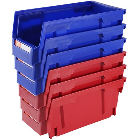 Lot de 12 bacs de rangement plastiques bleus et rouges 28x13x13 cm empilables suspendus pour cuisine bureau placard (1/5)