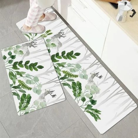 Lot de 2 Tapis de Cuisine - Motif de feuille - 40 x 60cm et 40 x 120cm - Antidérapant Tapis de sol - Gris et Vert (1/2)