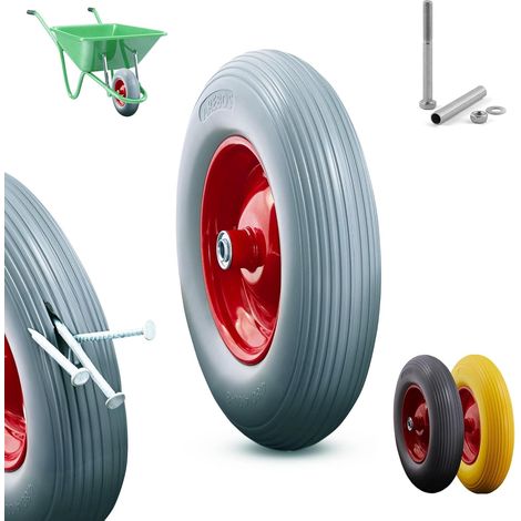 Arebos – Roue de brouette en caoutchouc plein PU 390 mm – Capacité de charge 200 kg – Jante en acier résistante – Montage facile avec essieu inclus (1/5)