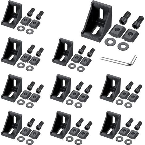 10 PCS D'angle En Alliage D'aluminium Noir, Équerres D'angle À 90 Degrés Pour Profilés 3030 3060, Avec Écrous En T, Vis, Rondelles Et Clé, Pour Le Montage De Structures Industrielles (1/5)