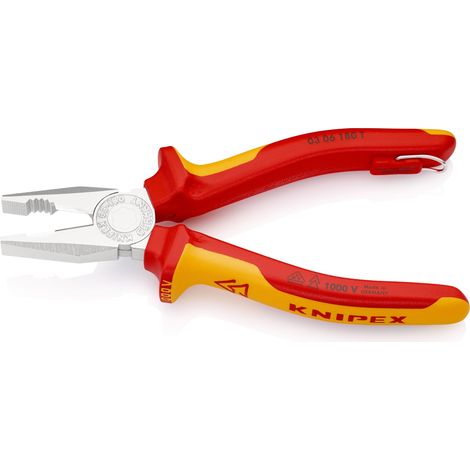 KNIPEX 03 06 180 T Pinza universale isolante con manici rivestiti in materiali multicomponenti, collaudati VDE con anello di fissaggio isolante incorporato per agganciare una protezione anticaduta cro