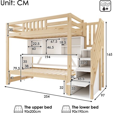 Litera infantil de 90x200 + 90x190 - cama alta de madera con cama extraíble sobre ruedas, escritorio móvil, armario y estante en la escalera, norma EN 747-1:2024, color blanco y roble (sin colchón). (1/5)