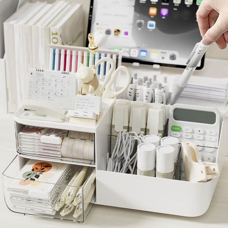 Organisateur cosmétique multifonction avec 2 tiroirs transparents PP PS, pour vanité desktop blanc 27.5x14.5x12.5cm (1/5)