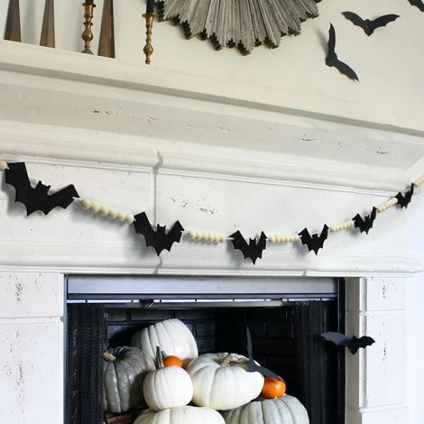Couronne d'Halloween en feutre avec chauves-souris, parfaite pour les décorations intérieures d'Halloween Couronne de chauve-souris de style ferme avec perles en bois, adaptée aux cheminées, cheminée (1/5)
