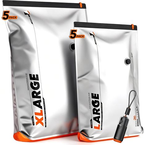 10 Sacs Sous Vide Vetement Aspirateur et Pompe à Vide Rechargeable par USB, 5 x 54x74x12cm, 5 x 61x84x12cm, Sac Sous Vide Voyage Résistant–Idéaux pour Voyager et Organiser Vos Bagage (1/5)