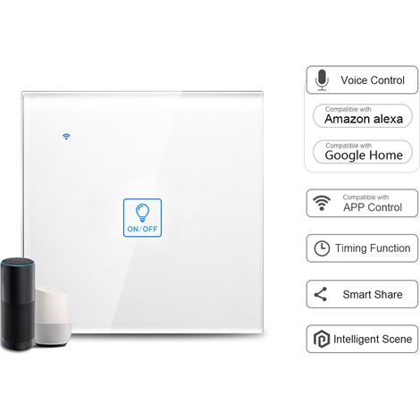 Interrupteur mural tactile connecté Wi-Fi panneau verre commande vocale Alexa assistant domotique appli temporisation partage 1 poste blanc (1/5)