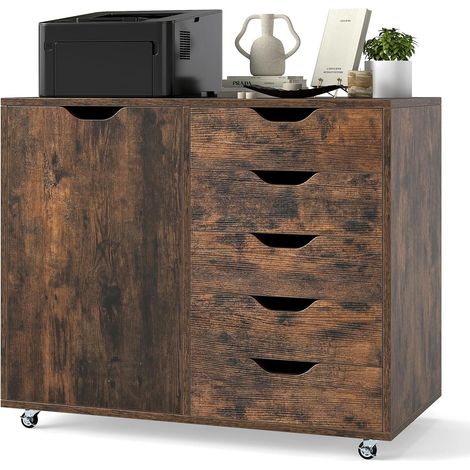 COSTWAY Mobiletto con 5 Cassetti e Anta, Cassettiera per Documenti con 5 Ruote e Ripiano Regolabile, per Soggiorno, Ufficio e Cucina, 79 x 40 x 65 cm (Marrone) (1/5)
