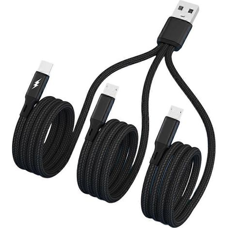 Câble de données tressé nylon 5A, charge rapide USB vers Type-C + 2 Micro-USB, 20 cm noir (1/4)