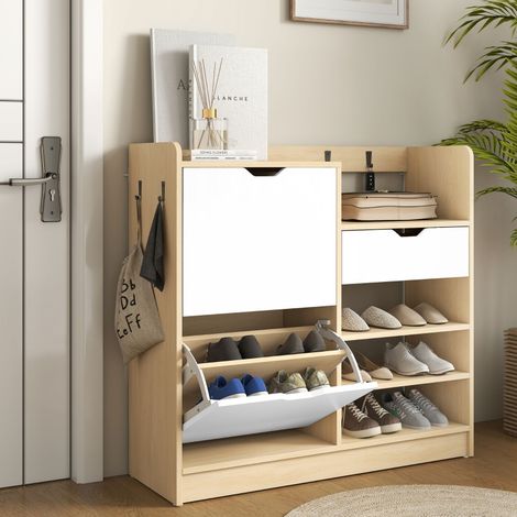 Scarpiera - 93x30x90 cm - con cassetti ribaltabili, ripiani aperti, 4 ganci - per ingresso - Legno (1/5)