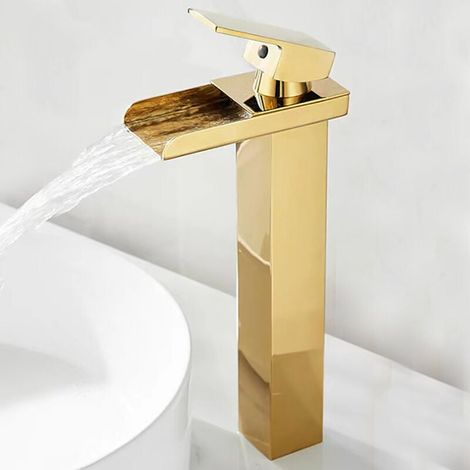 Schwarze Wasserfall-Waschtischarmatur mit hohem Wasserfallauslauf. Modernes Messingdesign, Warm- und Kaltwasserfunktion, elegante, mattschwarze Oberfläche. (1/4)