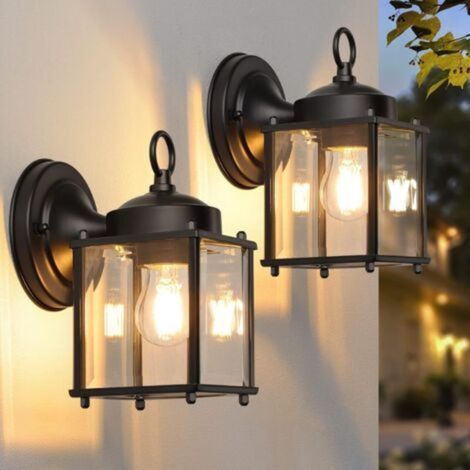 Lampes murales extérieures étanches pour entrée, appliques anti-corrosion en noir avec abat-jour en verre transparent taillé, compatibles E26, idéales pour porche, garage ou terrasse – lot de 2 (1/5)