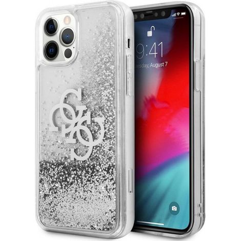 Coque rigide argentée Guess GUHCP12LLG4GSI pour iPhone 12 Pro Max 6,7" avec paillettes liquides, compatible 4G.