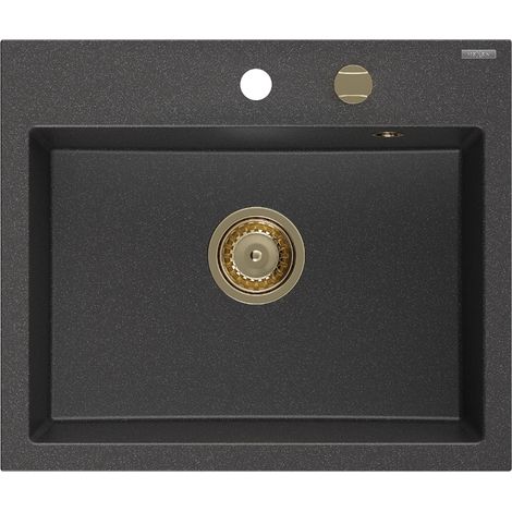 Mexen Oscar évier en granit 1 bac 580 x 490 mm, noir moucheté, siphon doré - 6519581000-76-G (1/5)