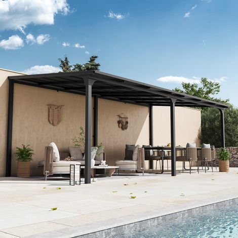 Modern Shade Jardin extérieur métal monté sur mur pergola 3 x 6 m avec toit en imperméable,système de drainage pour terrasse patio (1/5)