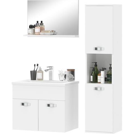 4-teiliges Badezimmer-Set, weiß, wandmontiert, mit Spiegel, Waschtischunterschrank, Waschbecken und Hochschrank