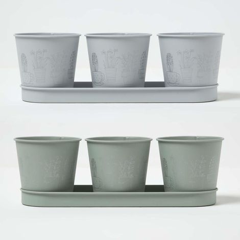 HOMESCAPES Set of 6 Herb Pots with Tray, Grey and Green (1/5)
