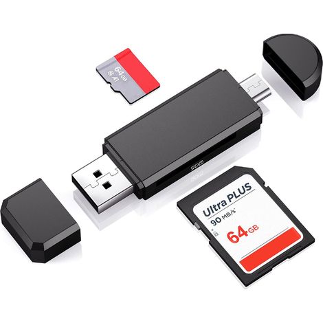 Lecteur De Cartes SD - USB 2.0 Et Micro USB - Compatible Android OTG Et Ordinateur - Noir - 1 Pièce (1/5)