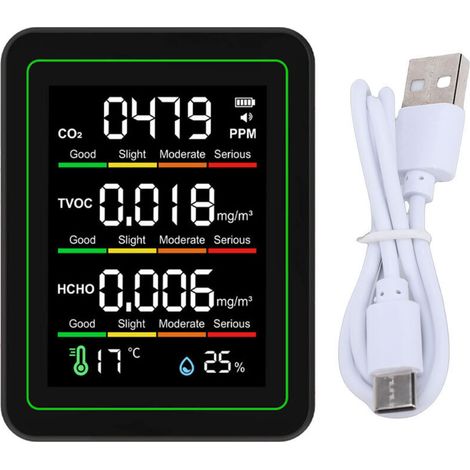 Eosnow Détecteur de qualité de l'air 5 en 1, testeur multifonctionnel de température et d'humidité CO2 TVOC HCHO pour intérieur noir (1/4)